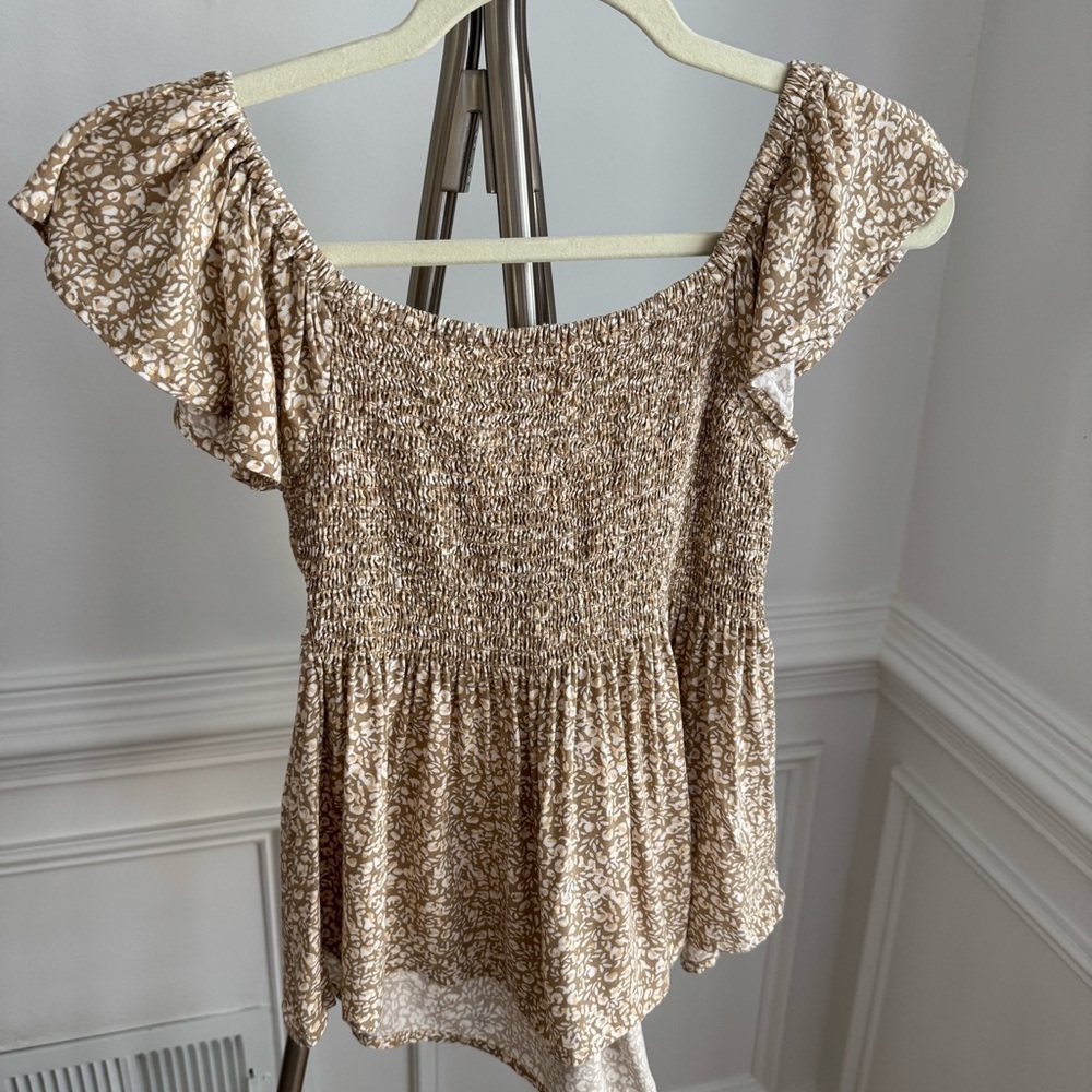 Japna Brown and Cream Floral Ruffled Sleeves Boho Top Size XS - Picture 3 of 5